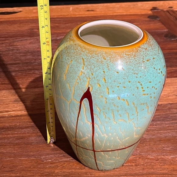 Hand Blown Studio Art Cased Glass 9" VASE Applied Overlay Green w/ Red Drizzle - Picture 9 of 10